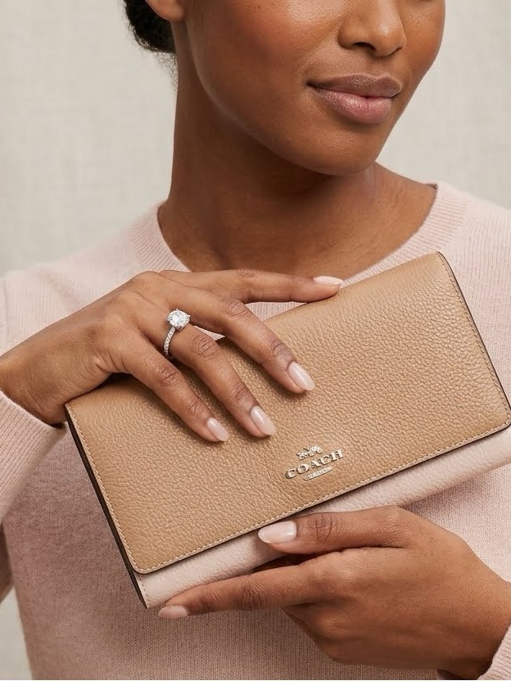 Coach Two-Tone Pebbled Leather Wallet in Tan & Light Blush